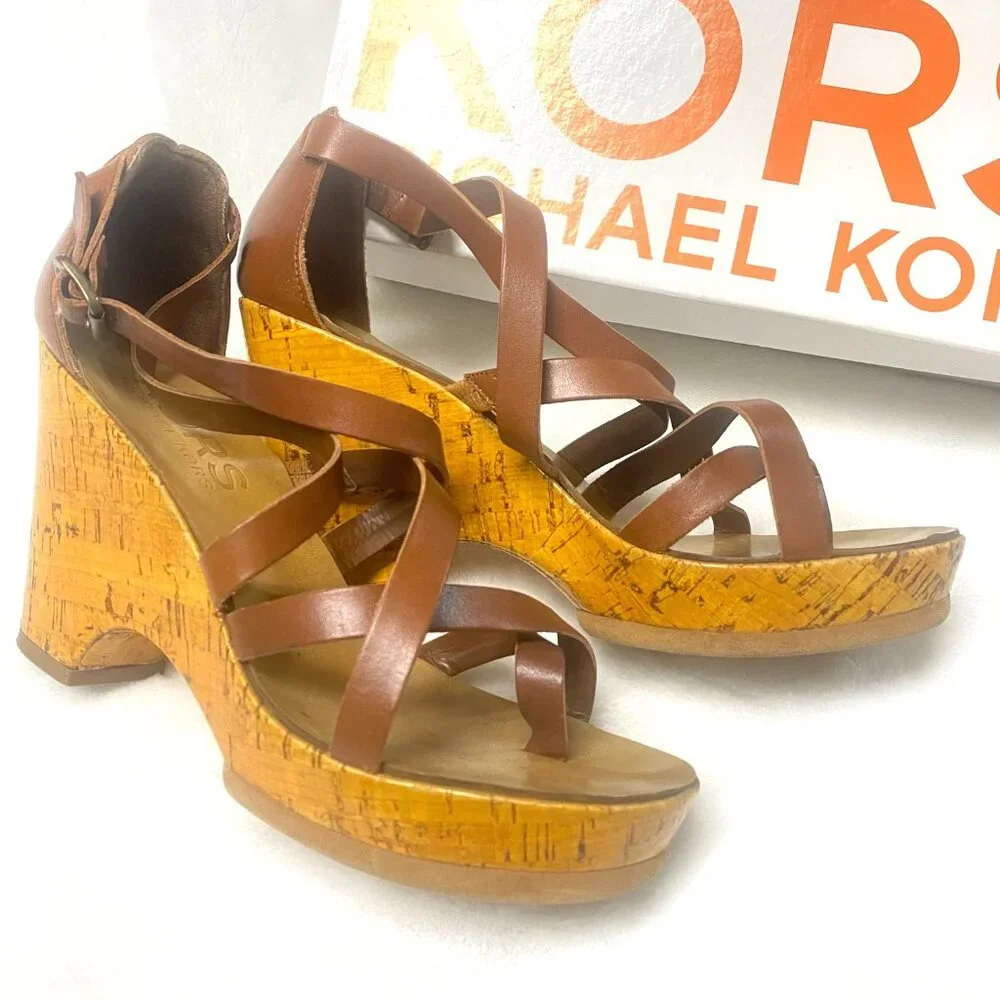 size 8.5 Michael Kors Glossy Cork Sandal, Luggage Brown Strappy Platform‎ Heel
